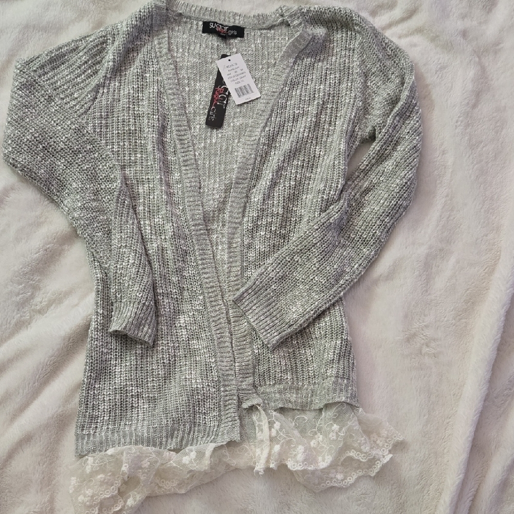 Silver Women's Cardigan with Lace Hem